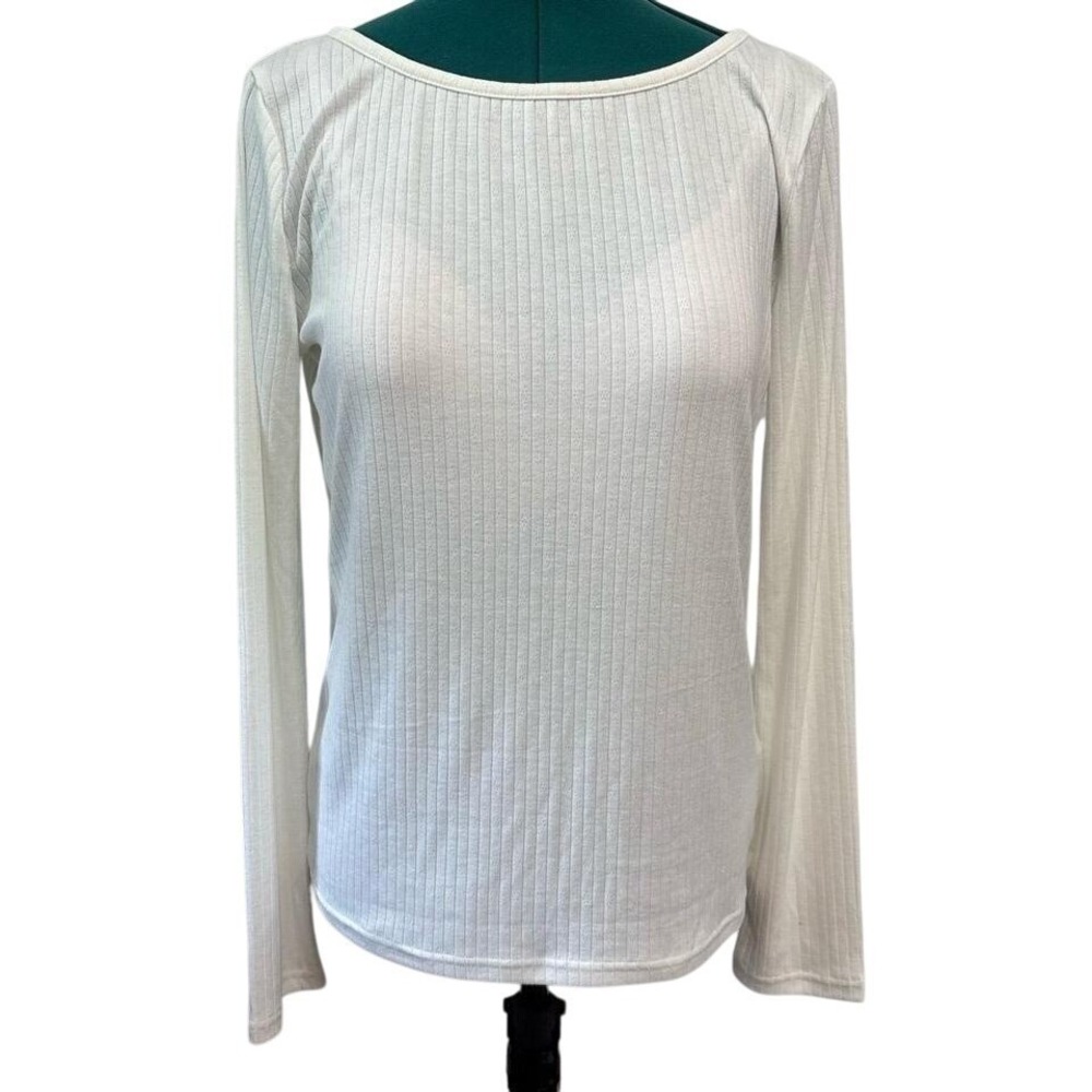 NWT Mystree Off White Ribbed Knit Top Womens L Clean Girl Quiet Luxury‎